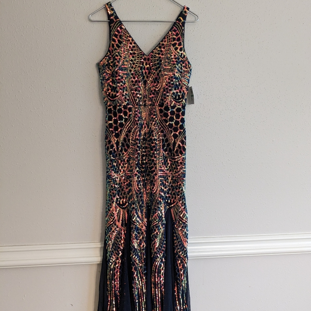 Nightway Petite Sequin Gown with Mesh Godet Insets